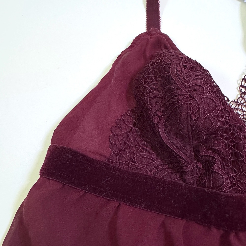 Gilligan & O'Malley Babydoll Large Burgundy Lace Velvet T-Back Chemise Lingerie - Picture 2 of 5